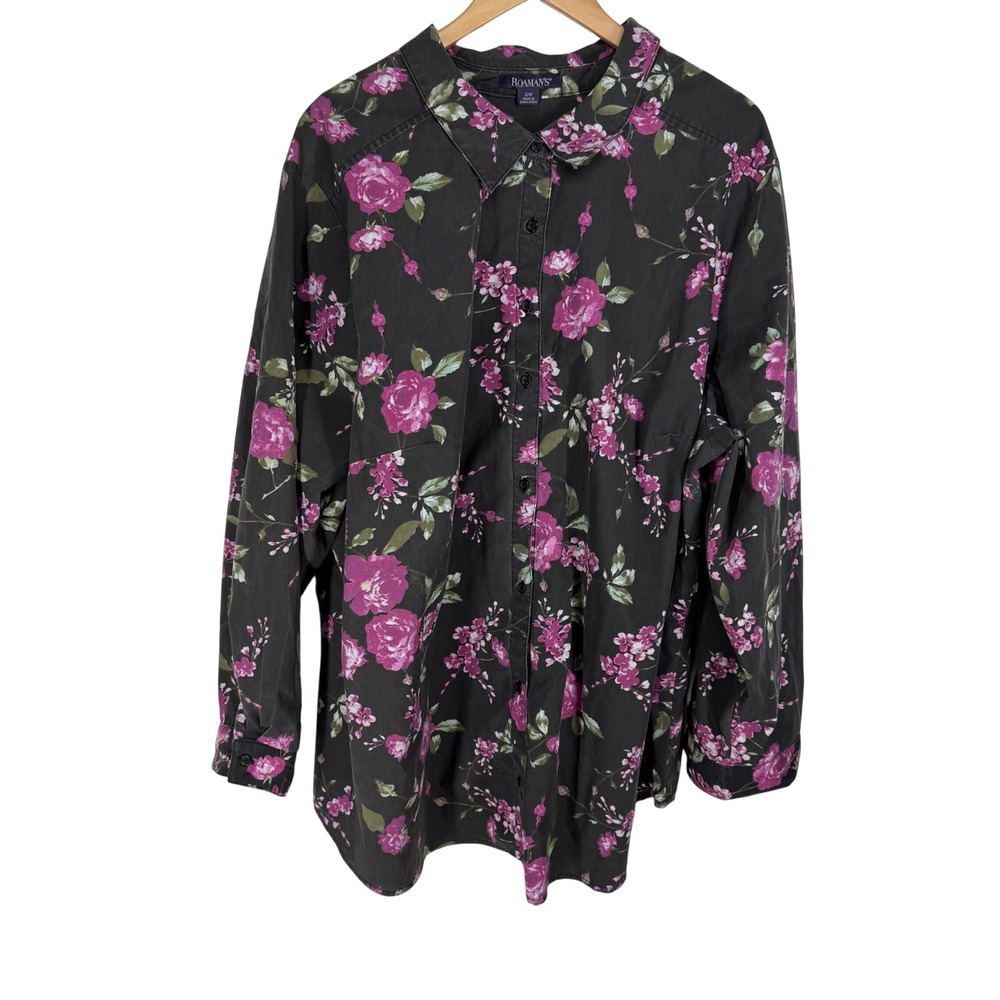Roamans Pink Dark Floral Rose Button Shirt Plus Size 32W Long Sleeve Cottagecore